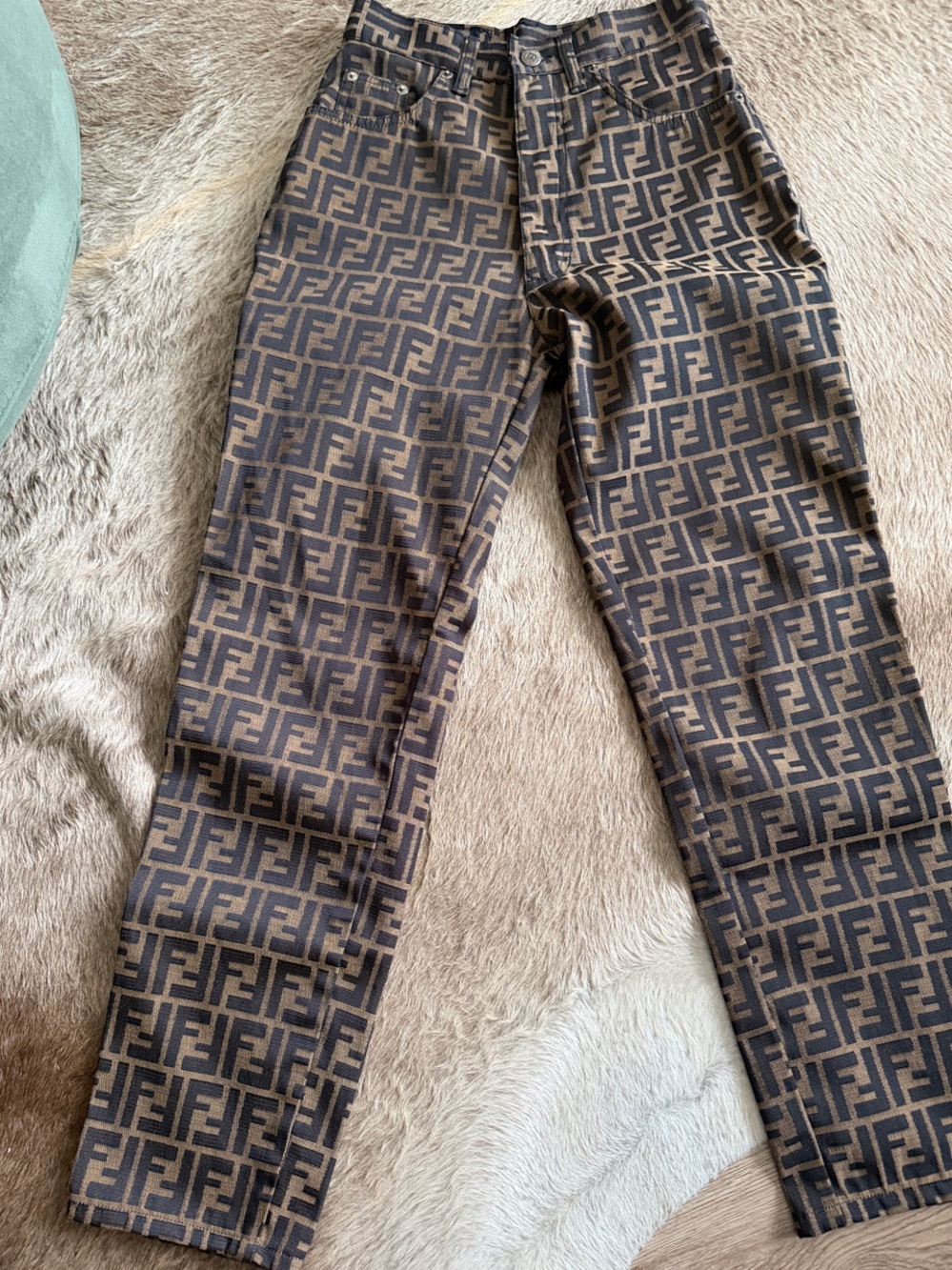 Authentic Fendi Brown Monogram Logo Straight Jeans